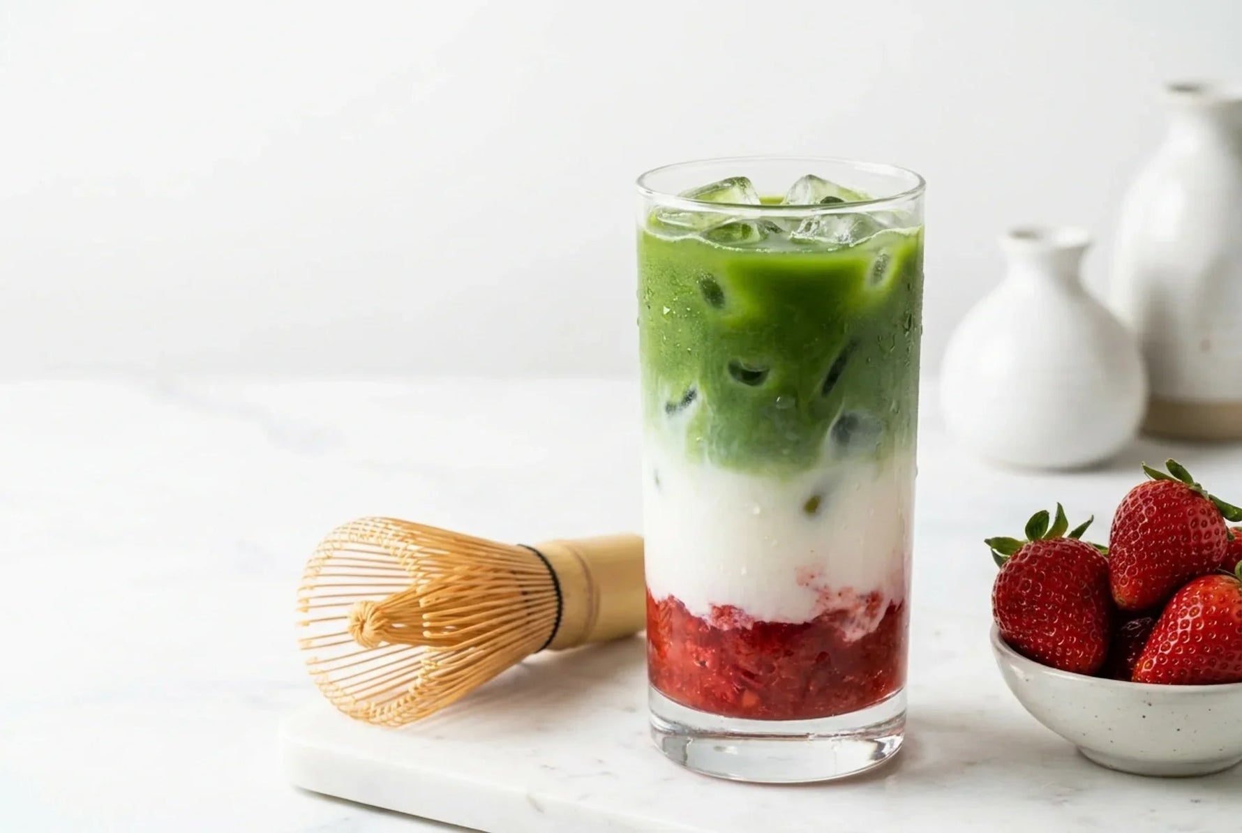 Strawberry matcha latte maison : la recette peu sucrée et fraîche - Tsuki Matcha
